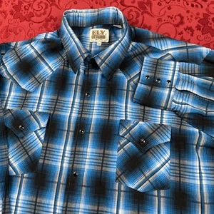 Ely Cattleman Shirt Mens XXL Blue Plaid Long Sleeve Snap Pockets Western - Picture 1 of 9