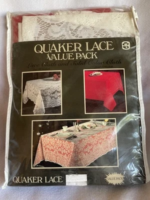 Vintage Quaker Lace Value Pack Ivory Lace & Red Solid Tablecloth NOS - Oval - Image 1 of 2