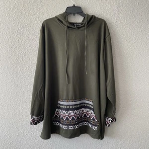 Bloomchic Plus Size 26 Army Green Hoodie Western Aztec Kangaroo Pocket Pullover - Picture 1 of 11