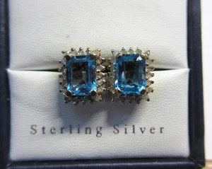 STERLING SILVER & Genuine BLUE TOPAZ Stud Design Cluster EARRINGS - Picture 1 of 4