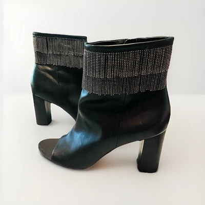 Botines BERNARDO Peep Toe para mujer 8 cuero negro flecos de metal punta abierta Foto 1 de 4
