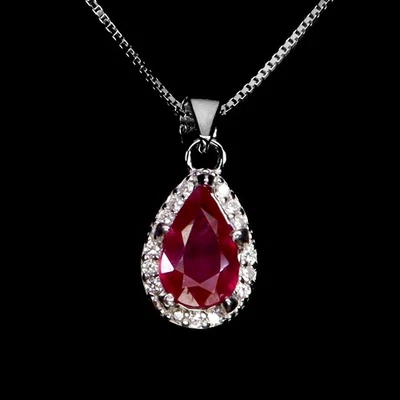 925 Sterling Silver Necklace Pear Ruby 7x5mm Natural Gemstone No USA Import Fees - Image 1 of 4