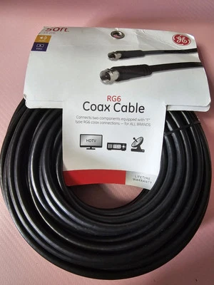 Cable coaxial de video GE RG6, 50 pies, negro - NUEVO AV23312 "F" tipo conexión B6 Foto 1 de 4