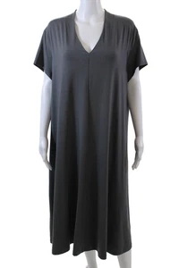 Eileen Fisher Damen Stretch V-Ausschnitt Kurzarm halbhohes Kleid grau Größe 2X - Bild 1 von 6