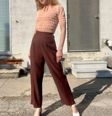 KATHERINE HEPBURN Vintage 1940's Brown Wide Leg Trousers Gabardine Wool Pants - Image 1 of 4