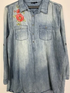 En Creme Anthropologie Denim Shirt Dress Embroidered Roll Tab Sleeves Western - Picture 1 of 10