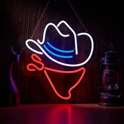 Sombrero de Vaquero Letrero de Neón Bar de Cerveza Hogar Arte Hombre Luz de Cueva con Blanco + Rojo  Foto 1 de 4