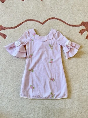 RARE EDITIONS Girl's 5 Pink Embroidered Seersucker Bell Sleeve Dress - Image 1 of 4
