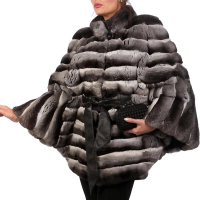 Poncho de piel de conejo Real Rex para mujer nuevo genuino capas de chinchilla manga murciélago capa Foto 1 de 4