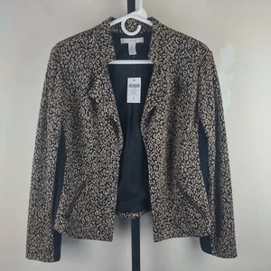 NWT Chico's size 2 Large Leopard Ponte Knit Jacquard Moto Jacket black camel - Picture 1 of 7