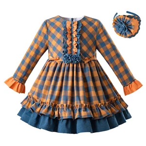 Vestido Pettigirl Otoño Cuadros Mangas Largas para Niñas Pequeñas Naranja Azul - Imagen 1 de 11