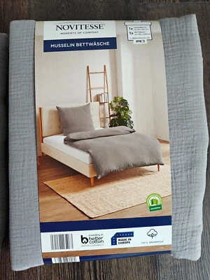 Musselin Bettwäsche Set (Decke & Kissen) Aldi Novitesse 135x200 cm hellgrau neu - Bild 1 von 3