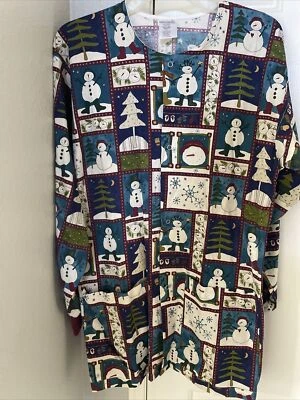 Nursing Scrubs Jacket Winter Snowman Snowflake Pattern Long Sleeve XS - Image 1 of 4