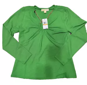 Michael Kors Spring Green Size S Long Sleeve V-neck Gold Chain Women Top NWT - Picture 1 of 4