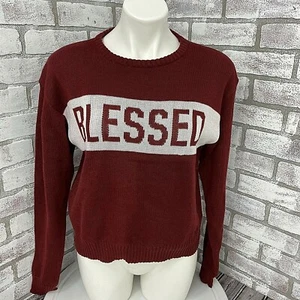 Modern Lux Sweater Womens Large Blessed Spellout Stripe Red Long Sleeve Church - Picture 1 of 12