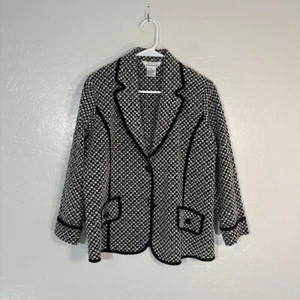 Misook Cardigan Jacket Womens Large Embroidered Black White Art Two Button - Picture 1 of 4