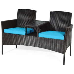 Patiojoy Outdoor Rattan Conversation Set Loveseat Sofa Cushioned W/ Coffee Table - Picture 1 of 9