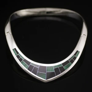 Mexikanischer Sterlingsilber Halsring mit Malachit und Onyx - Bild 1 von 5