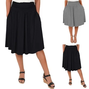 Plus Size Women's Skirts Solid High Waist Pleated Mid Length Skirt with Pockets - Picture 1 of 21