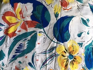 Bold Floral Pattern White Background Blue Teal Yellow Red Leaves Flowers 4 Yds - Picture 1 of 5