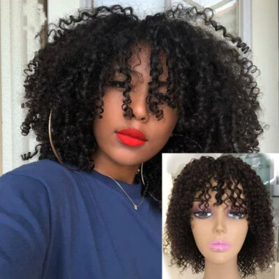 16"Kinky Curly Wig with Bangs Brazilian Human Hair Wigs None Lace Afro Curly Wig - Image 1 of 4