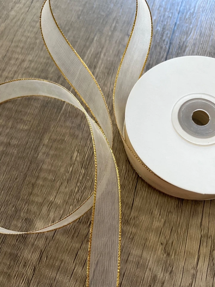 5/8” Organza Sheer Metallic Gold Iridescent Edge Ribbon Spool 25 yds - Image 1 of 1