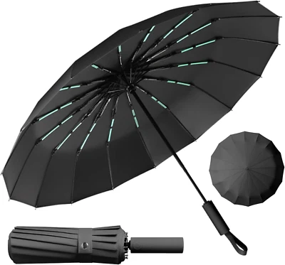 Ombrello Compatto Pieghevole a 16 Costole, Grande Ombrello Tascabile Con Apertur - Immagine 1 di 4