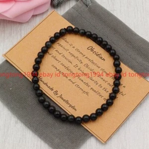 Schwarzes Obsidian Armband 19cm Stretch Handgemachte Kristall Edelstein 4/6/8mm - Bild 1 von 6