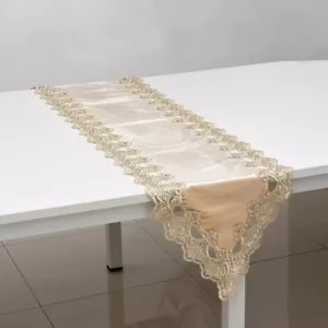 Khaki Elegant Damask Pattern Polyester & Velvety Table Runner w/Gold Lace Border - Picture 1 of 3