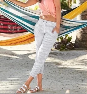 ATHLETA BNWOT £60 Black & White 100% Linen Sz US 10 UK 14 Drawstring Trousers - Picture 1 of 9