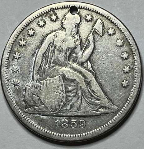 1859-O Seated Liberty Silver Dollar Incredibly Scarce $1; Low Mintage; holed Cover