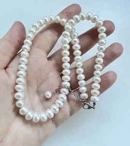 Vintage Bridal Sterling Silver Classic Baroque Large Pearl Necklace 16.5-18.5" - Picture 1 of 6
