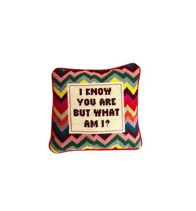 Colorful Handmade Square “But What Am I” Furbish Needlepoint Pillow - Picture 1 of 4