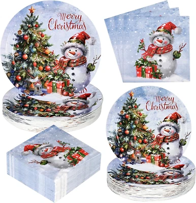 Platos y servilletas de papel de Navidad, árbol de Navidad y muñeco de nieve suministros para fiestas f Foto 1 de 4
