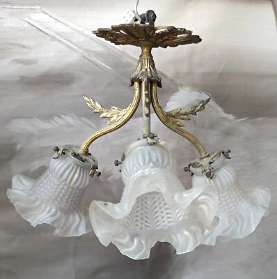 Ancien Lustre Bronze Empire/3 Feux/Tulipes/Lustre 19 Ème Siècle/Old Chandelier - Photo 1/4