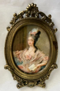 Goldtone Metal 3.5" Oval Picture Frame - Victorian Print - Picture 1 of 2