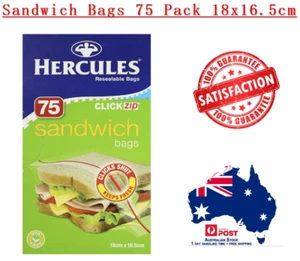 New Hercules Click Zip Resealable Sandwich Bags 75 Pack 18x16.5cm - Picture 1 of 1