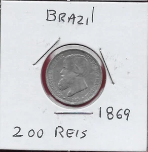 BRASILE 200 REIS 1869 PIETRO II IL MAGNANIMO 1831-1889,LA DENOMINAZIONE ALL'INTERNO - Foto 1 di 2