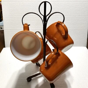 Vintage Burnt Orange Pyrex Milk Glass 10oz Mugs Cups D-Handle w/ Stand MCM - Picture 1 of 4