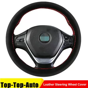Full Black Scrub Leather DIY Car Auto Steering Wheel Cover & Needles Thread 38cm - Foto 1 di 7