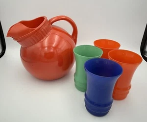 Fire King / Anchor Hocking BALL TILT JUG PITCHER Fired-on Orange Blue Green - Picture 1 of 9
