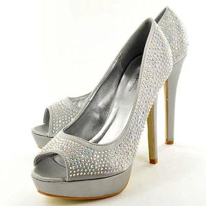 NUEVAS SANDALIAS SILVER SILVER FULL DIAMANTE CON INCRUSTACIONES PEEP TOE PLATFORM SANDALIAS EN TALLA 3-8 - Imagen 1 de 8