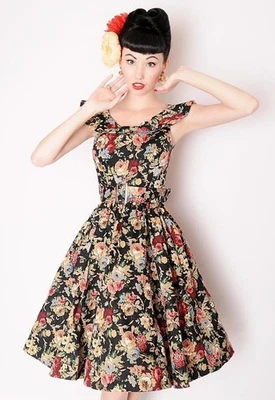 50s Pinup Girl Couture Style Full Skirt Dress black Floral LINDYBOP UK14 Mad Men - image 1 of 4