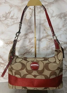 COACH F17434 LOGO Canvas Hobo Bag Purse Brown w/ Dark Red Accents - Picture 1 of 24