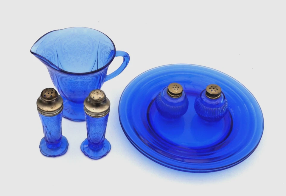 Hazel Atlas Lot 7 Cobalt Blue Glass Dishes And Royal Lace Salt & Pepper Shakers - Image 1 of 4
