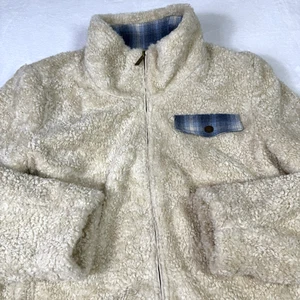 Pendleton Sherpa Pile Fleece Jacket Womens XL Ivory Blue Plaid Soft Plush - Picture 1 of 11