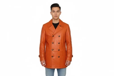 Abrigo Para Hombre Elegante Trench Cuero Ajuste Piel de Cordero Moda Fiesta Naranja Hecho a Mano Foto 1 de 4