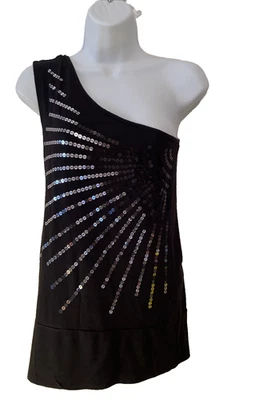 Black stretch Size Top One shoulder sleeveless Top/Black & Silver Sequins - Image 1 of 4