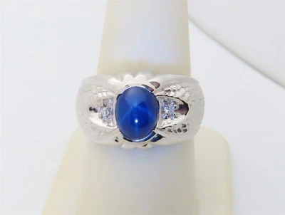 Anel masculino de safira estrela azul ouro branco diamantes acabamento pele de cobra tamanho 9 R632 - Imagem 1 de 4