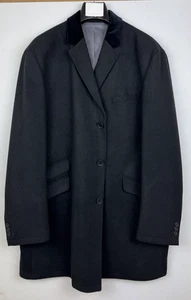 Mens Black Wool Overcoat 48" Chest 3XL Velvet Collar Single Breasted Coat 6798 - Picture 1 of 9